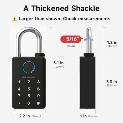 Heavy Duty Fingerprint Padlock with Backup Key | APP Control, Temporary Code, 8mm Hardened Stainless Steel Shackle, 12 Months Battery Life, IP67 Weatherproof - size: 5/16" Shackle