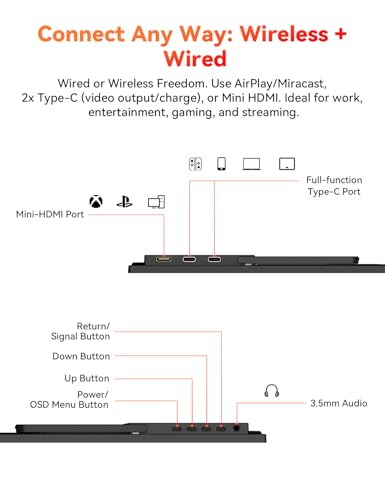 15.6" Wireless Portable Monitor Battery-Powered, Support AirPlay Miracast | 1080P FHD USB-C HDMI External Travel Display, 2nd Screen for Laptop MacBook PC Phone Tablet, w/Built-in Battery(4- 5H) - size: 15.6-inch