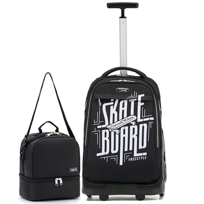 NEW TILAMI 19 Inch Rolling Backpack with Lunch Bag School Stair-Climbing | Stair-Climbing Teen Boys Girls Carry-on Suitcase Large Compartment 15.6 Laptop Sleeve Adjustable Handle Roller Travel Bag - color: Skate Board