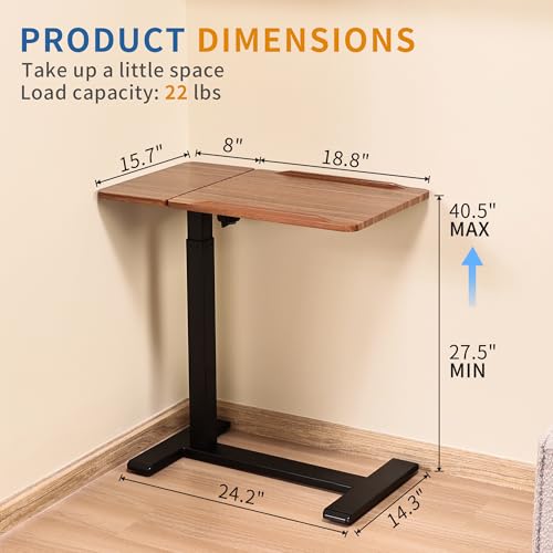 Adjustable Overbed Bedside Table with Hidden Wheels, Pneumatic Tilt Board Rolling Laptop Standing Desk Cart, Mobile Over Bed Sofa Chair Side End Tables, Walnut (Walnut) - color: Walnut