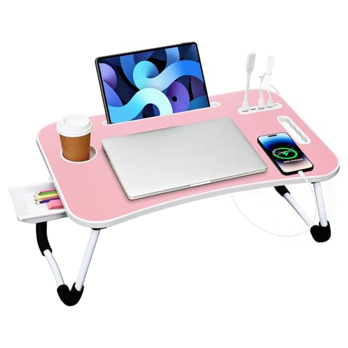 Portable Bed Desk, Foldable Laptop Desk with 4 USB Charge Port/Cup Holder/Tablet Slot/Storage Drawer, Folding Lap Table for Working, Writing, Drawing and Eating (Pink) - color: Pink