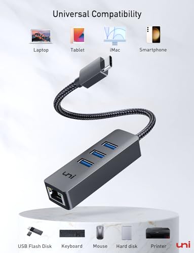 uni USB-C to Ethernet Adapter, USB C HUB Ethernet 1Gbps with USB 3.0 4IN1 | [Thunderbolt 4/3 Compatible], USB C to Network Adapter, for MacBook Pro/Air, iPad Pro, Surface Laptop, Chromebook, etc - color: Grey