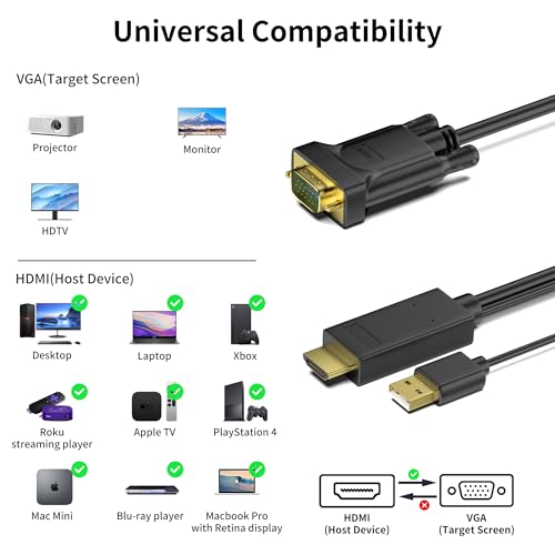 HDMI to VGA Cable 6FT, Uni-Directional HDMI to VGA Cable with USB Power(Male to Male), Compatible for Mac mini, MacBook Pro, Blu-ray Player, Computer, Desktop, Laptop, PC, Monitor, Projector, HDTV