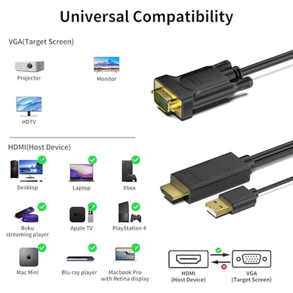 HDMI to VGA Cable 6FT, Uni-Directional HDMI to VGA Cable with USB Power(Male to Male), Compatible for Mac mini, MacBook Pro, Blu-ray Player, Computer, Desktop, Laptop, PC, Monitor, Projector, HDTV