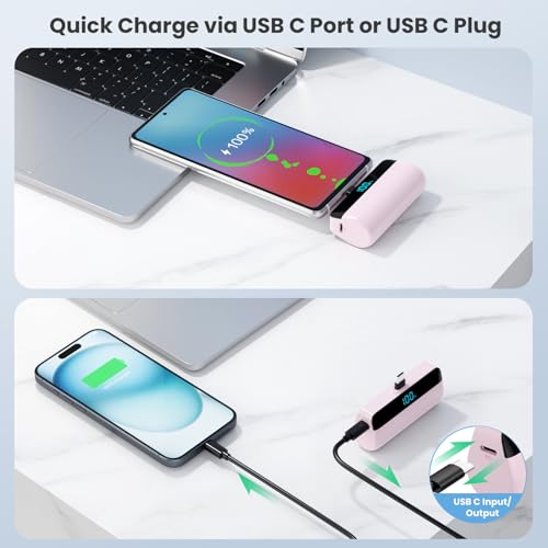 Mini Portable Charger for iPhone 17/16/15,Upgraded 5500mAh PD USB C Power Bank,Travel Essentials Pocket Phone Charger Battery Pack for iPhone 17/17 Pro Max/16/16 Pro/15 Series,Galaxy Android-Pink - color: Pink