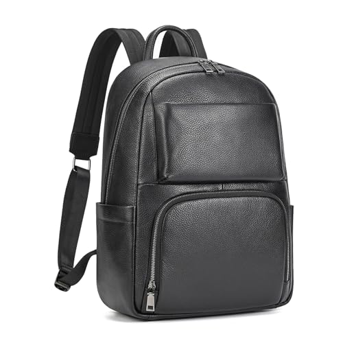 Genuine Leather 15.6 Inch Laptop Backpack for Men, Multi Pocket Casual Daypack Shoulder Bag for Business Travel Outdoor, Black - color: Black