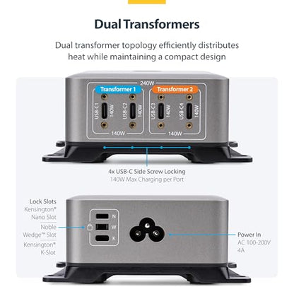 StarTech 4-Port 240W GaN USB-C Charging Station, iPhone 16/15/Pro, iPad Pro | 240W GaN Charger Block for MacBook Pro/Air, Dell XPS, Pixel and more, 424DNA-USB-C-CHARGER