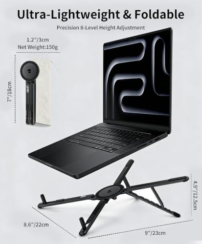 miley Portable Foldable Laptop Stand for Desk, Black | Ergonomic, 8-Level Height, 13-17" Laptops, Aluminum Construction, Tripod Compatible, Includes Storage Bag - color: Black