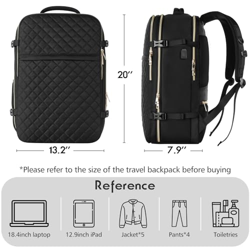 Large Travel Backpack Women, Flight Approved Carry On Backpack, Water Resistant Anti-Theft Casual Daypack Bag Fit 18.4 Inch Laptop with USB Charging Port, Black - color: Black, size: 18.4 inch