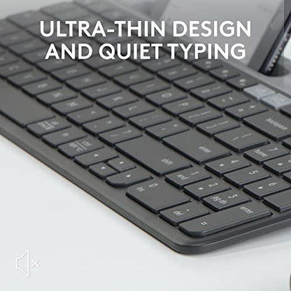 Logitech K585 Slim Wireless Keyboard with Built-in Phone Cradle - Graphite | Bluetooth with included USB receiver, connects 2 devices, cradle can hold smartphone or tablet up to 10 in. in landscape mode - color: Graphite