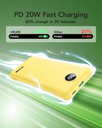 VRURC 10000mAh Power Bank, 22.5W USB C Portable Charger, Yellow | Built-in AC wall plug and cables, LED display, airline approved, slim 8 oz design - color: Yellow