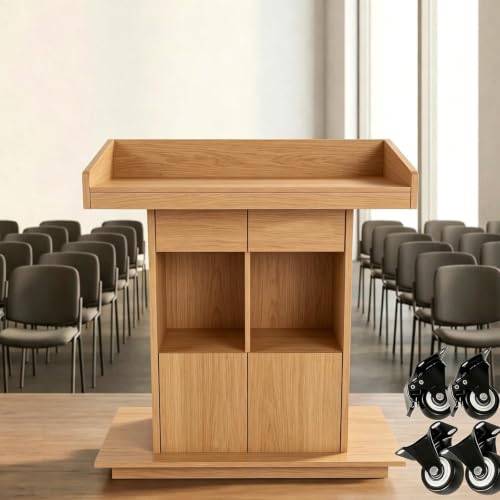 Podium Stand, Podium with Wheels, Floor Standing Speaking Poidum Lectern Stand, Church Pulpit with Storage, Office Wooden Reception Desk, Host Stand for School Conference | Natural - color: Natural