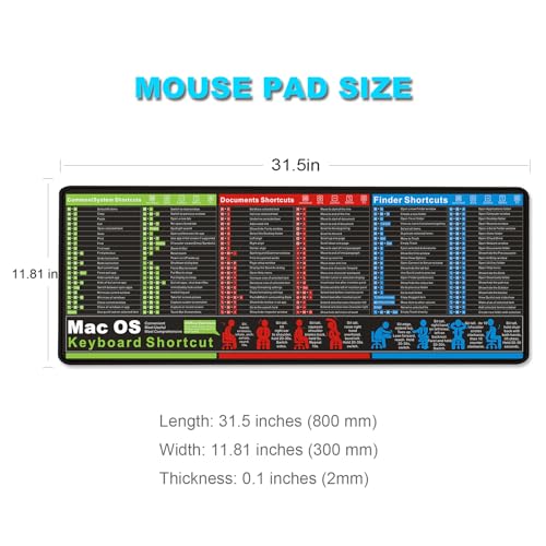 MacOS Keyboard Shortcut Mouse Pad, Large Mac Shortcuts Cheat Sheet Desk Mat, Non-Slip Rubber Base, Sewn Edges, Washable, XXL 31.5"x11.8"x0.1" - color: 11mac