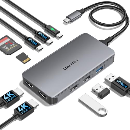 UANTIN USB C Docking Station Dual Monitor for Laptop, 10-in-1 Dual HDMI Hub with 4K HDMI, 5Gbps 2 USB-C, 3 USB-A, 100W PD, SD/TF Card Reader, USBC Multiport Adapter Dongle for Dell, Lenovo, HP, Mac