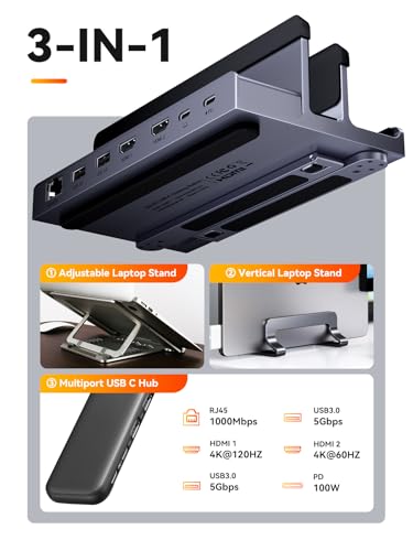 Laptop Docking Station Stand Dual 4K Monitor: QUUGE USB C Docking Station Dual Monitor for Laptop, 2 HDMI (Single 4K@120Hz), 2 USB3.0 Ports, 100W PD, RJ45 Ethernet, Universal Laptop Stand USB C Dock | Triple-monitor workflow, 100W PD input, Gigabit Ethern