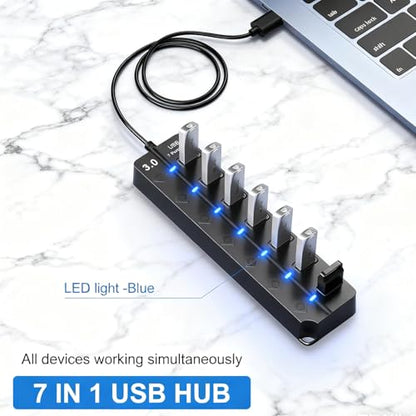 USB Hub 7 Port,USB 3.0 Hub Splitter with Individual On/Off LED Switches and Lights,USB Hub Compatible with MacBook,5Gbps HighSpeed Data for Laptop,Mac,PC,Desktop,PS5,Xbox and Flash Drive, Mobile HDD - style: USB 3.0
