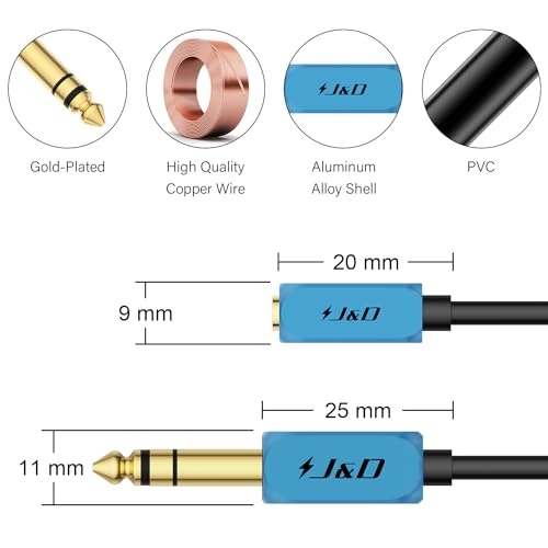 J&D 1/4 inch to 3.5 mm Headphone Adapter, 3.5 mm 1/8 inch TRS Female to 6.35 mm TRS Male Stereo Audio Extension Cable with Heavy Duty Aluminum Alloy Shell, 6 Feet - size: 6 Feet
