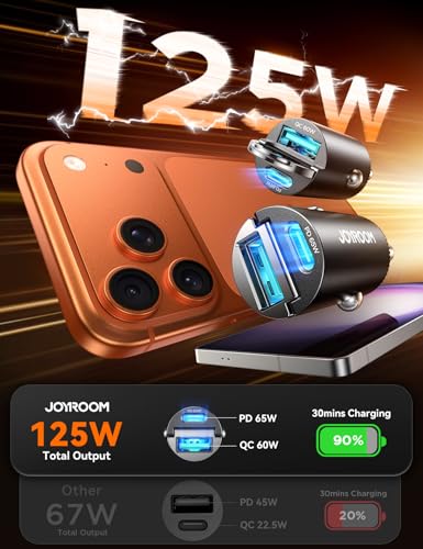 JOYROOM 2-Pack 125W USB-C Car Charger, 2-Port Cigarette Lighter USB Charger | Low Profile Flush Fit w/ Pull Ring, 65W PD USB-C + 60W QC USB-A, Dual-Port Fast Car Charger for iPhone, Galaxy, Pixel, iPad