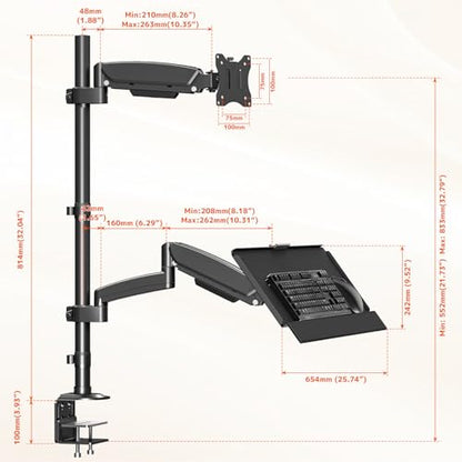 PUTORSEN Sit Stand Monitor Desk Mount with Keyboard Tray for 17-32” Screens | Height Adjustable Full-Motion Articulating Arm,19.8 lbs Monitor & 2.2lbs Tray Capacity, C-Clamp & Grommet Mount,Black - size: 32 Inch