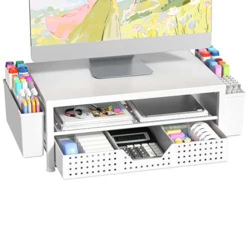 Wood Metal Monitor Stand Riser, Laptop Stand for Desk, Office Desk Organizer and Accessories, Computer Desktop Shelf with Drawer and Pen Holder, Printer Stand for Home, Office, Dorm (White Wood) - color: White-Regular