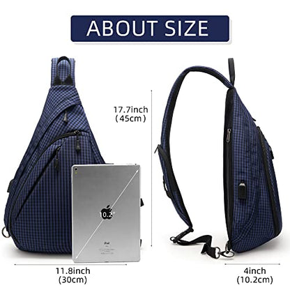 TurnWay Water-Proof Sling bag/Crossbody Backpack/Shoulder Bag with USB Charging Port for Travel, Hiking, Cycling, Camping - color: Blue Grid