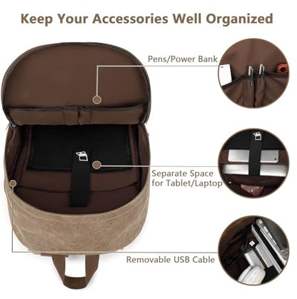 Canvas Laptop Backpack, Waterproof School Backpack With USB Charging College - color: Coffee