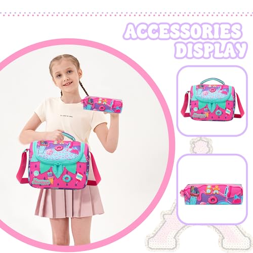 Girls Rolling Backpack with Lunch Box School Backpacks with Wheels 16.5" Roller Backpack for Girls, 3pcs Kids Wheeled Bookbag for Elementary School - color: Pink Strawberry