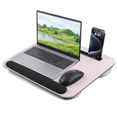 Lap Desk, Portable Lap Desks Fits Up to 16'' Laptop with Pillow Cushion Laptop Desk with Wrist Rest Lap Stand with Tablet or Phone Storage Slot for Bed Couch Carpet Home Office Livingroom (Pink)