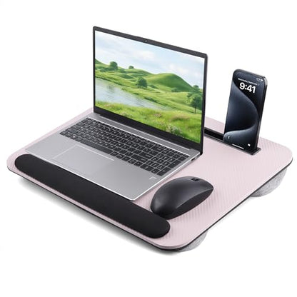 Lap Desk, Portable Lap Desks Fits Up to 16'' Laptop with Pillow Cushion Laptop Desk with Wrist Rest Lap Stand with Tablet or Phone Storage Slot for Bed Couch Carpet Home Office Livingroom (Pink)