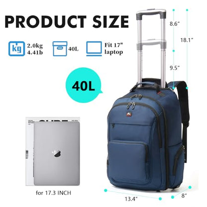 Rolling Backpack with Wheels, Roller Backpack for 17.3 Inch Laptop | 40L Water Resistant Wheeled Laptop Backpack, Flight Approved Carry on Luggage for Men Women Business Travel College, Black - color: Blue