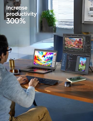 ZSCMALLS (Windows Only Triple Laptop Screen Extender, 15.6" 1080P FHD IPS Folding Stacked Portable Monitor, USB C Travel Extended Computer Display w/VESA, 180°Rotation, Plug & Play for PCs