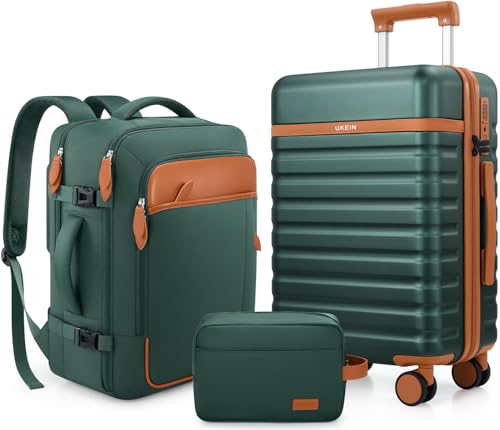 UKEIN Luggage Sets 3 Piece, PC Hardside Large Luggage 24 Inch With Spinner Wheels with TSA Lock, Carry On Suitcase Set With Travel Backpack for Men (Green, 3 piece set (24inch)) - color: Green, size: 3 piece set (24inch)