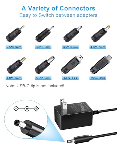 SoulBay 5V 2A Power Supply Adapter 10W AC100-240V to DC 5 Volt 2Amp Versatile Charger Cord with 8 Plugs for USB Hub TV Box Tablet Camera Speaker GPS Webcam Router and More 5vdc Electronics, 5FT