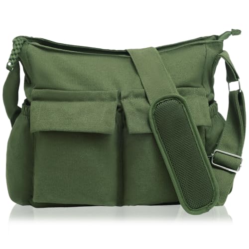 High Density Canvas Messenger Bag for Men/Women, 15” Large Crossbody Shoulder Bag Tote Bag for College/Travel/Work Daily Use | High Density Canvas - color: Green