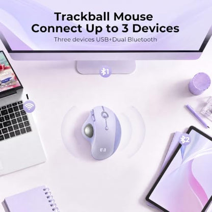 seenda Wireless Trackball Mouse, Ergonomic Bluetooth Mouse,Light Purple | USB-C rechargeable, 3-device Bluetooth+2.4G USB, thumb control, 5-level DPI and space-saving comfort for laptop, PC and Mac. - color: Light Purple