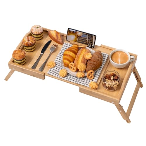 Lavievert Expandable & Height Adjustable Bed Tray Table with 360° Rotating Phone Holder, Bamboo Breakfast Food Serving Tray, Portable Laptop Desk Snack Platter with Handles & Foldable Legs for Bedroom