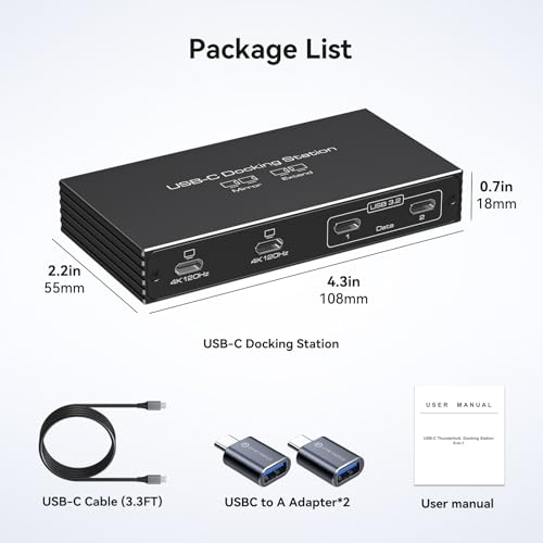 TJCXELE 4K120Hz USB C Splitter Dual Monitor Thunderbolt Docking Station 6-in-1 Dual USB C Monitor 100W PD, 10Gbps USBC Data Ports USBC Splitter 1 in 4 Out for Dell/HP/MacBook and Other Laptops