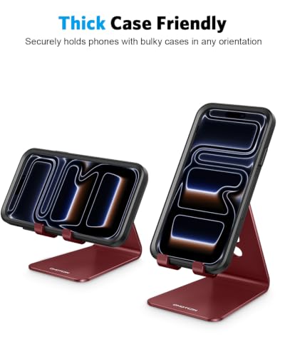 OMOTON C2 Adjustable Cell Phone Stand with Charging Cutout, Cherry Red | Sturdy 3mm Aluminum, Charging Port, 270° Adjustable, Non-Slip Silicone Pads, Works with Thick Cases, for All Smartphones - color: Cherry Red