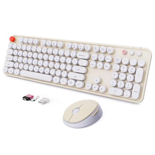 Wireless Keyboard and Mouse Combo, Ergonomic Full Size Typewriter Retro Round Keycaps Keyboard, Compatible with Windows, PC, Perfer for Home and Office Keyboards (Beige - color: Creamy white