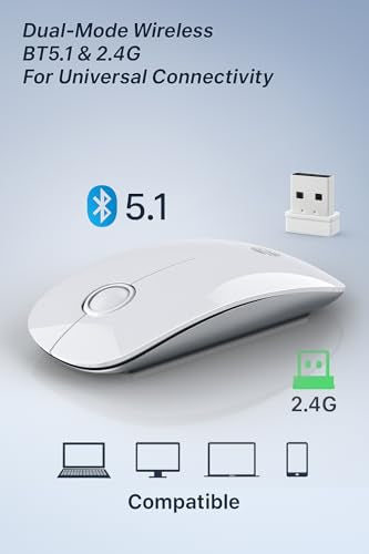 RAPIQUE Bluetooth Wireless Mouse, BT5.1＆ 2.4G Slim Dual Mode, White - color: White