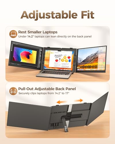 NGTeco 14 Inch Triple Screen Extender for Laptop, FHD 1080P Portable Monitor Ultra-Thin 2.2LB, Plug and Play with H5-T Adapter for 13.3-17.3 Inch Mac Windows Linux Chrome OS | Plug and Play, with H5-T Adapter, Retractable Stand, 100W Reverse Charge, IPS,f