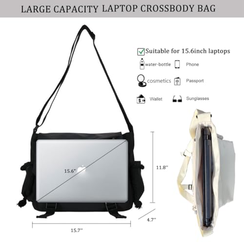 Aesthetic Crossbody Bag with Cute Pins and Ornament, Nylon Shoulder Messenger Bag Japanese Kawaii Bag for Women Men - color: L-white-fit Laptop