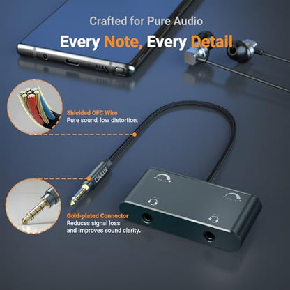 3.5mm Dual Headset Adapter with Volume Control, 1/8" to 2 TRRS Microphone Connector, Double Headphones Audio Splitter for 2 People Meeting, Recording, Online Training, Music Sharing