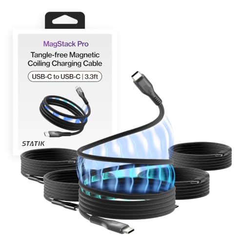 Statik MagStack Pro USB C to USB C Coiling Magnetic Charging Cable,100W | Nylon Braided Tangle-Free Design, Magnetic Coiling, Data Transfer, Compatible with iPhone & Android, 3FT Black, 5 Pack - color: Black, size: 3ft (5 Pack), style: USB-C to USB-C
