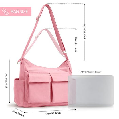 KALIDI Canvas Tote Bag Large Hobo Crossbody Shoulder Handbag Zipper Messenger Bag for Women or Men Casual College Work - color: Upgraded Pink