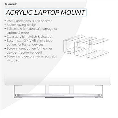 BRAINWAVZ Transparent Under Desk Laptop Holder Mount with Adhesive & Screw in, Devices Upto 1.8" Thick for Laptops, Macbooks, Surface, Cable Box, Routers, Keyboard, Modems, Network Switch & More - color: Transparent