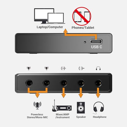 CB5 USB Audio Interface for Recording, Streaming, Podcasting, USB to 3.5mm Sound Card with Stereo Microphone Input, Line-In, Line-Out & Headphone Jack for Monitors, Support Windows & Mac OS