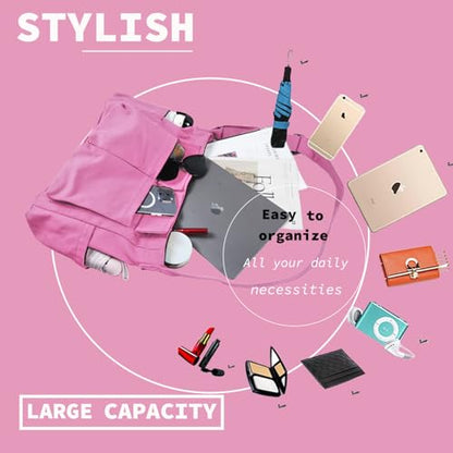 Canvas Messenger Bag Large Hobo Crossbody Bag with Multiple Pockets Casual Shoulder Tote Bag for Women and Men - color: Pink