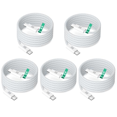USB C to USB C Cable 100W, 6ft [5Pack] Extra Long 5A Woven Fast Charging Cord Type C Data Transfer for MacBook Pro Charger iPad Air5/4 Mini 6/A17 Pro iPhone 17 16 15 Pro Max Laptop Tablets - color: White, size: 6ft