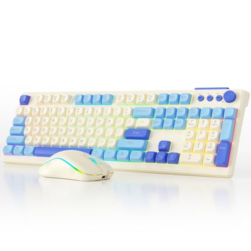Wireless Keyboard and Mouse Combo, RGB Backlit Rechargeable 2000 mAh Battery, Wireless Computer Keyboards, Tri-Mode Bluetooth/2.4GHz/USB-C Custom Creamy Keyboard, RGB Backlit Media Knob - color: Purple-Beige
